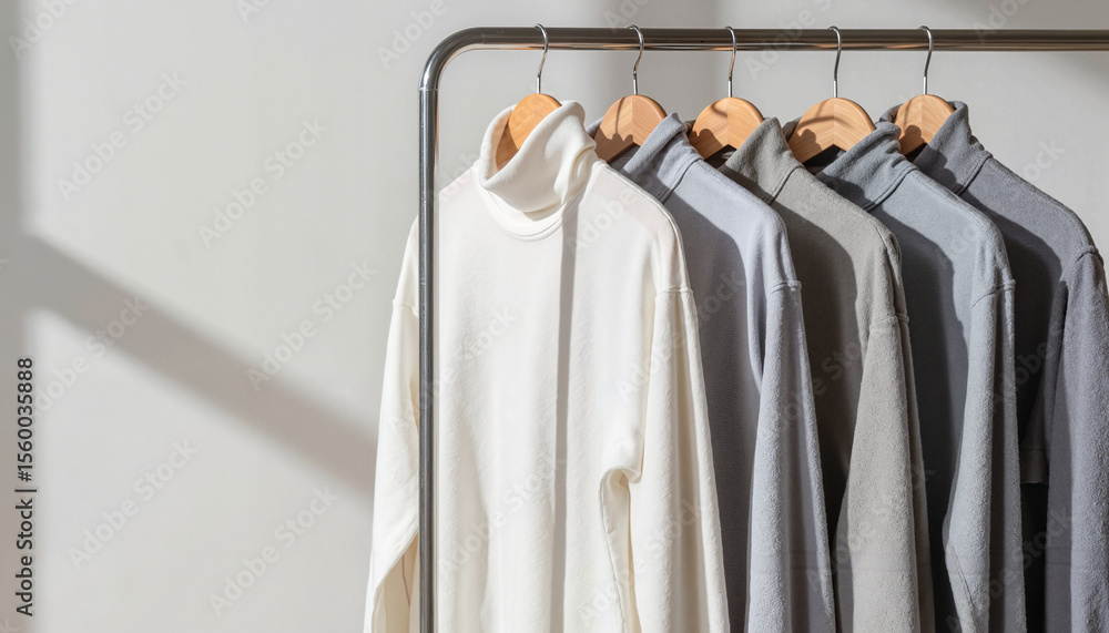 Fototapeta premium Stylish turtlenecks hanging on a rail with natural light background 