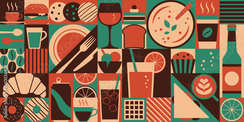 Food and drink cafe geometric background with icons