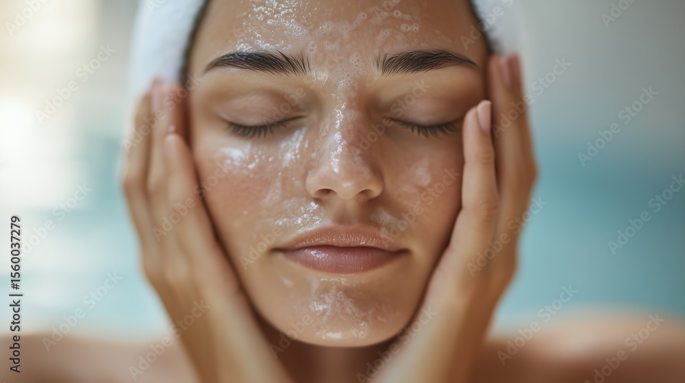 Naklejka premium Young woman enjoying a serene facial treatment in a spa setting with soothing ambiance