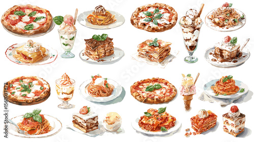 Tasty hand-drawn Italian food illustration with pizza, pasta, tiramisu, gelato, and lasagna. Ideal for menus, cookbooks, and Mediterranean food promotions.

