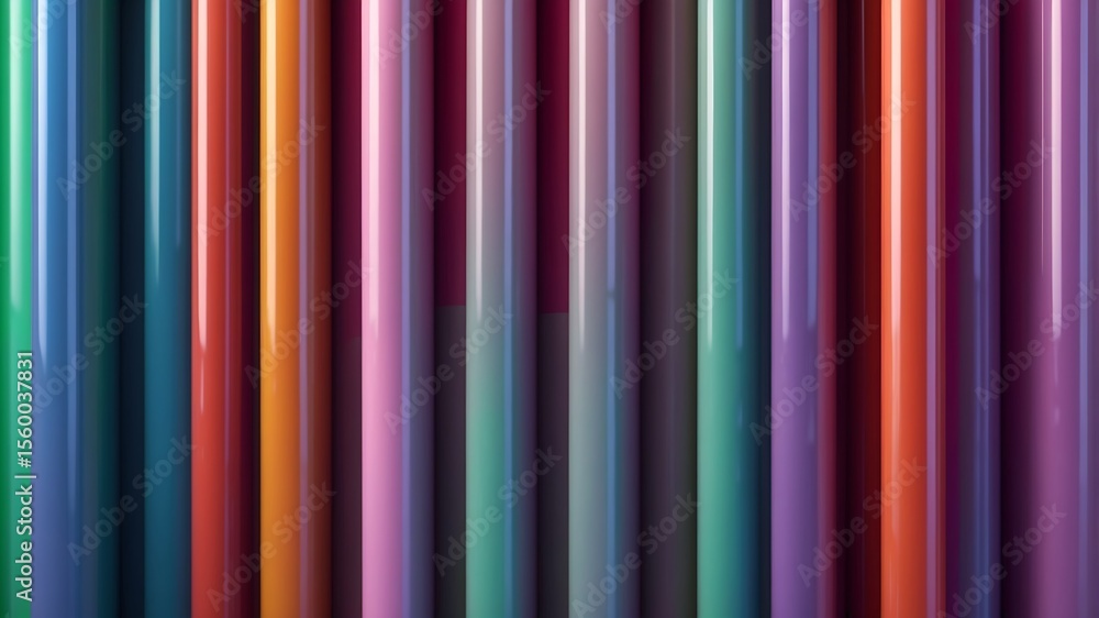 Obraz premium A vibrant abstract background of shiny, multicolored vertical pipes in a seamless row, creating a dynamic striped pattern.