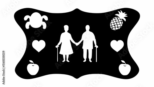 Silhouette of elderly couple holding hands surrounded by fruits and animals on black background design 100