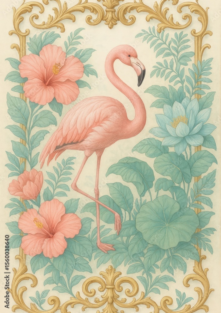 Naklejka premium Elegant flamingo amidst floral design.