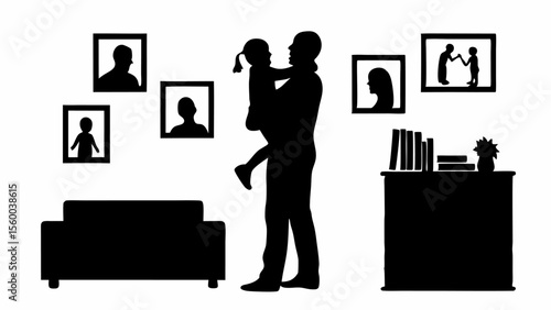 Silhouette of father holding child in living room with couch, cabinet and family photos on the wall