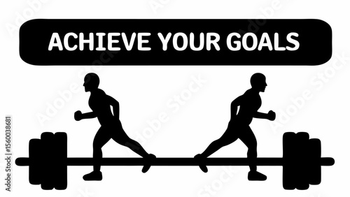 Two silhouettes running towards a barbell with the text achieve your goals in a black rectangle above
