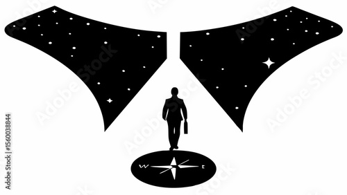 A businessman walking towards a bright light with a compass and star filled wings above him ahead silhouette