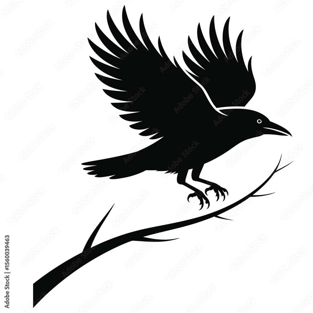 Obraz premium A sleek black vector illustration of a crow in mid-flight