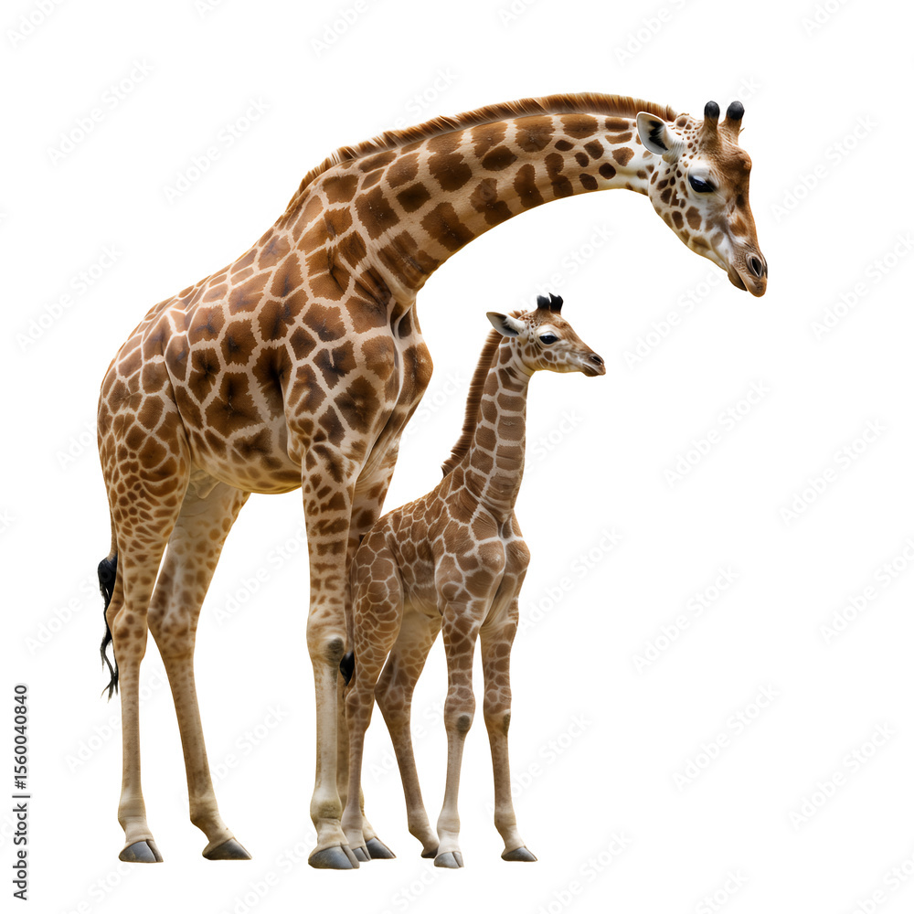 Naklejka premium Mother and baby giraffe together, white background, clean and well-lit