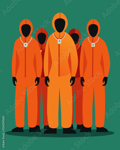 A group of prisoners clad in orange jumpsuits with chains that are seemingly invisible symbolizing the systemic oppression and injustice within the criminal justice system.. Vector illustration