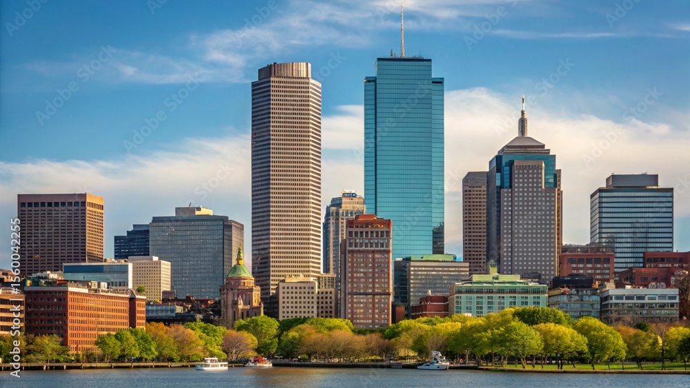Obraz premium Boston Skyline at Dusk with Charles River and Lush Green Trees