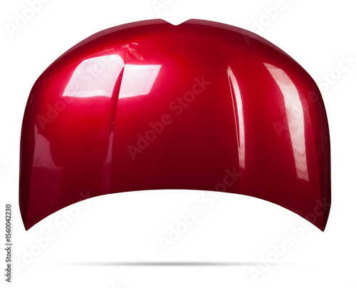 Red iron hood on an isolated background in a photo studio separately after staining and straightening. Bonnet in a car service for sale.