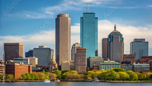 Boston Skyline at Dusk with Charles River and Lush Green Trees