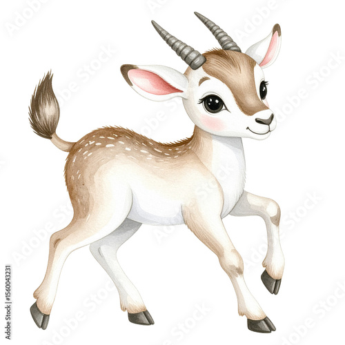 Baby Gazelle Illustration: An adorable baby gazelle with expressive eyes, small horns, and a playful stance, rendered in a charming illustration style. 
