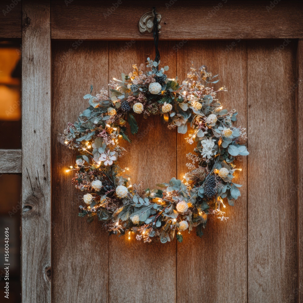 Decorative Floral Wreath with Fairy Lights on Rustic Wooden Door Decorative Floral Wreath with Fairy Lights on Rustic Wooden Door