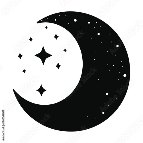 Mystical crescent moon with stars silhouette. A spiritual black and white celestial graphic symbol for astrology.