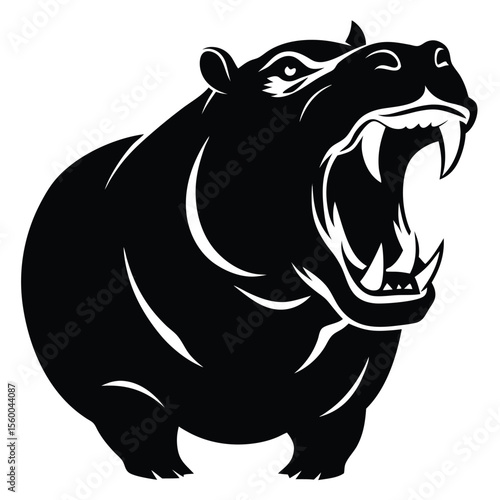 Monochromatic graphic silhouette of a powerful hippopotamus, mouth wide open, displaying formidable tusks. Represents raw wildlife power and untamed animal strength.