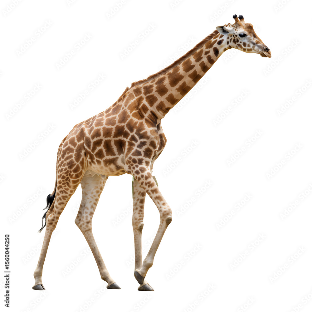 Fototapeta premium Side profile of an adult giraffe walking, isolated white background, clear lighting