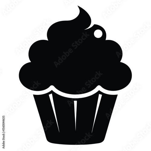 Simple Black Silhouette Icon of a Deliciously Frosted Cupcake, Perfect for Baking and Celebration Graphics