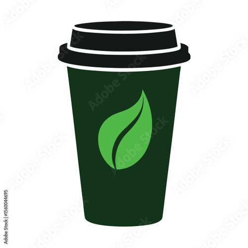 Minimalist green to-go cup illustration with a vibrant leaf symbol, representing natural, organic, and sustainable beverage choices for eco-conscious living and environmental wellness.