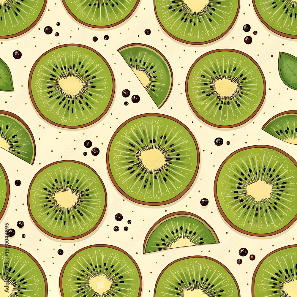 Fototapeta premium A digital illustration featuring a seamless pattern of sliced kiwis on a light background. The green kiwi slices, with their characteristic black seeds and pale centers.