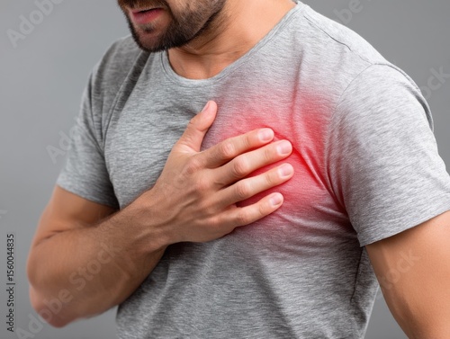 Close up of man clutching chest in pain, red spot highlighting discomfort, grey background.