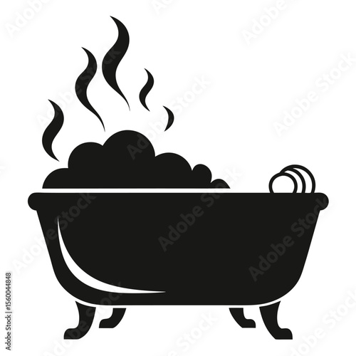 Simple silhouette icon of a hot bubble bath. Vintage clawfoot bathtub with steam and suds, a concept for relaxation and hygiene.