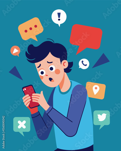 A flood of notifications on their phone causes a person to flinch with anxiety as they anticipate more trolling attacks on their social media accounts.. Vector illustration