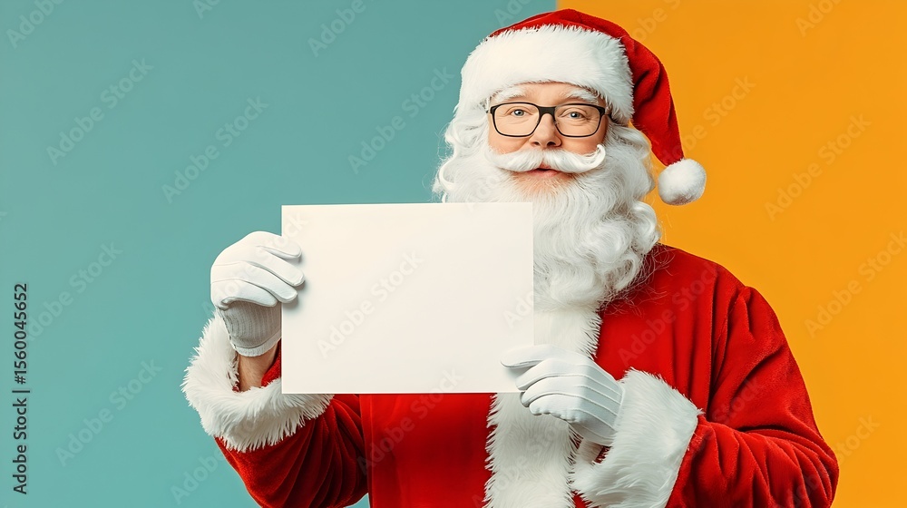 Naklejka premium Santa Claus holding blank sign, studio backdrop, Christmas