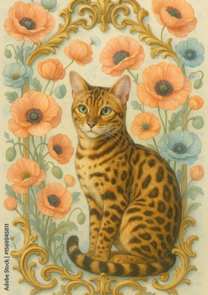 Obraz premium Bengal cat with floral elegance.