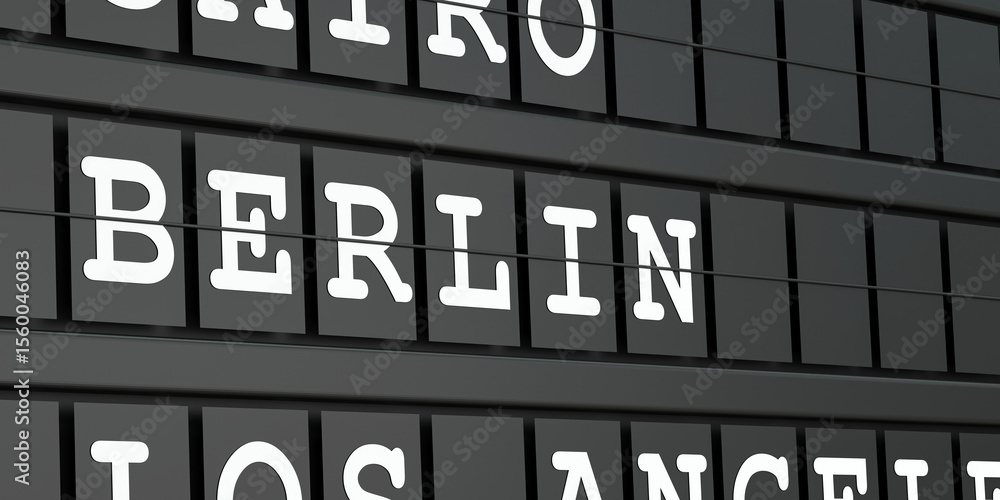 Fototapeta premium Berlin, Germany, travel destination, airport departure board. Tourism, booking, vacation, travel, holiday, journey. 3D illustration