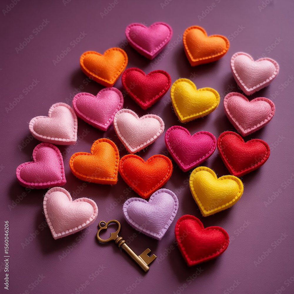 Fototapeta premium Colorful Felt Hearts in Flat Lay