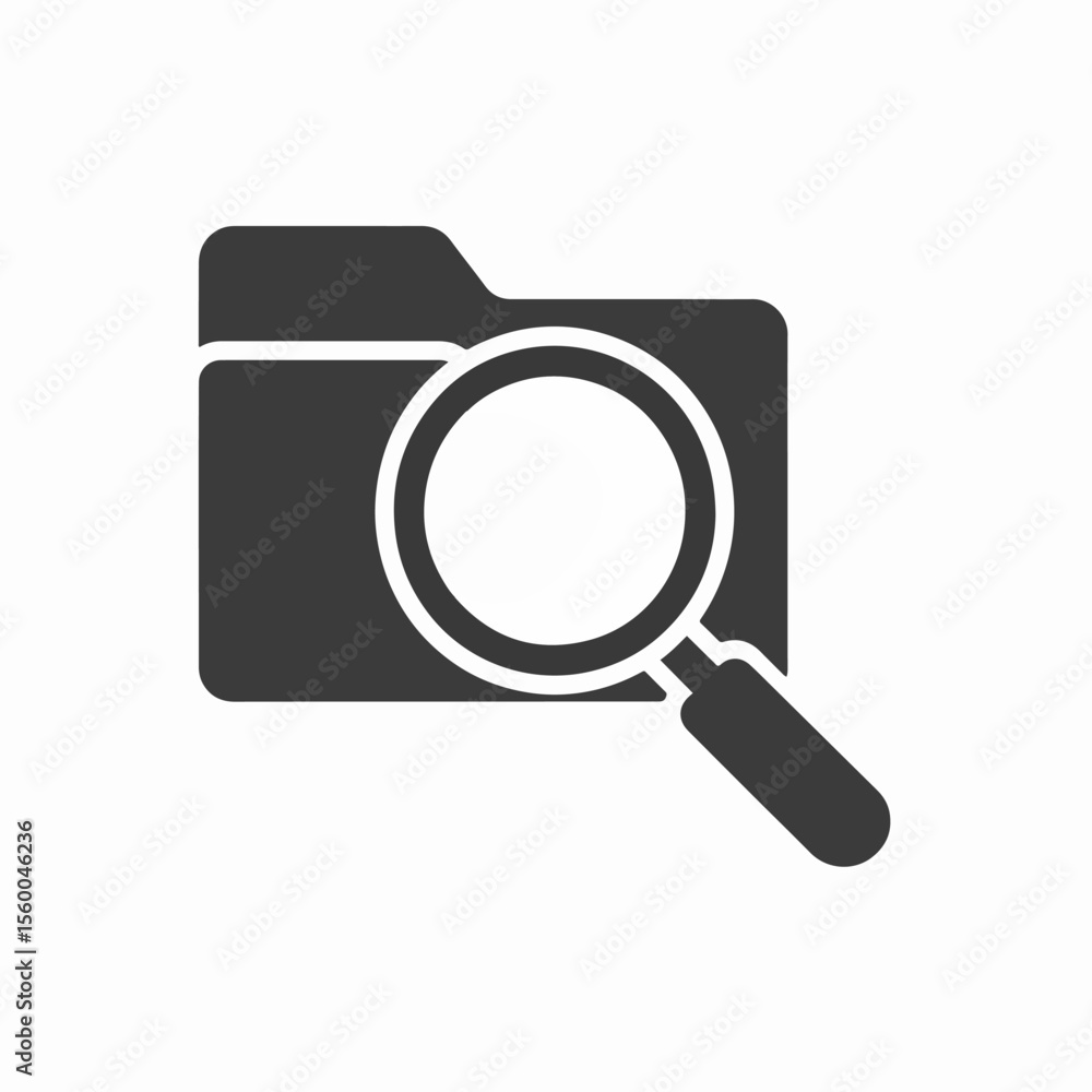 A dark gray folder icon is overlaid with a magnifying glass suggesting document search or file inspection A dark gray folder icon is overlaid with a magnifying glass suggesting document search or file inspection