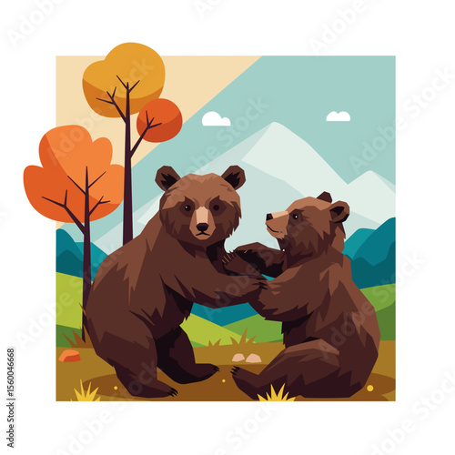 Bear cubs playing in a colorful forest in autumn scenery  