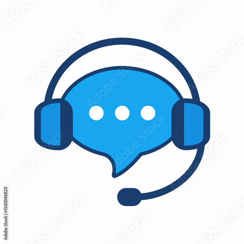 Icon of a chat bubble wearing a headset with microphone light blue with dark blue accents containing 3 white dots