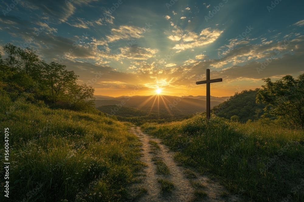 Obraz premium Wooden cross on a hilltop at sunrise