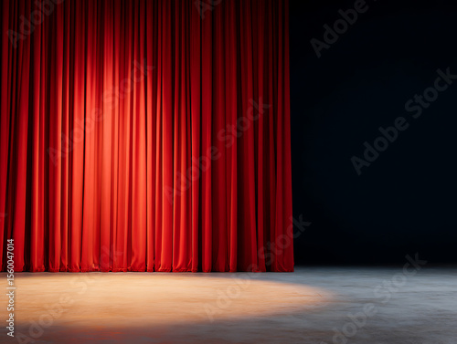 Yellow spotlight circle on stage with red curtain in background. Theater cinema comedy drama entertainment show performance, movie film event scene, empty circus at night 46524583 1