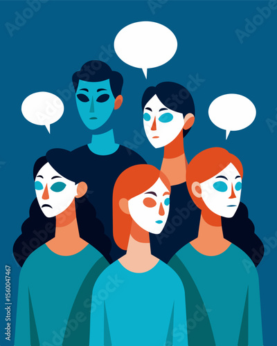 A group of people wearing identical masks their minds all programmed to think and act in unison.. Vector illustration