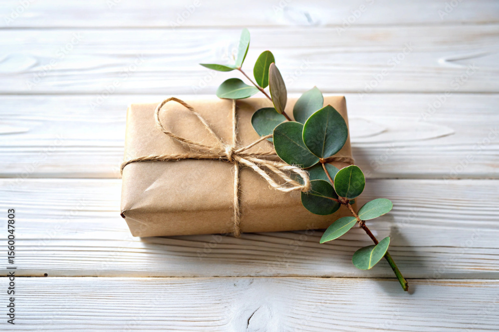 A small gift wrapped in brown paper tied with twine and adorned with eucalyptus leaves isolated on pink background A small gift wrapped in brown paper tied with twine and adorned with eucalyptus leaves isolated on pink background
