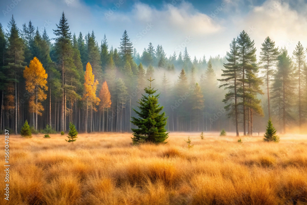 Obraz premium A misty autumn morning in a pine forest, sunlight illuminating a field of golden grass with a single evergreen tree in the center
