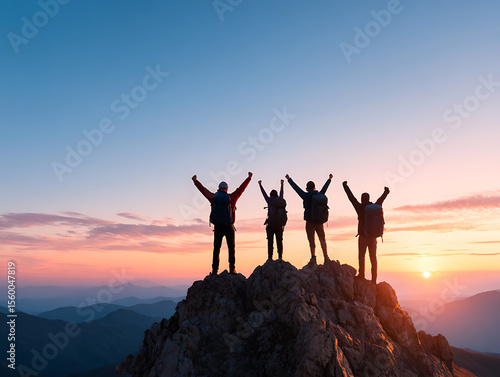 Silhouette of a group of four hikers standing on the top of the mountain with their arms raised up in the air. Happy and successful hiking friends during the twilight sunset, achievement ad 42631831 1