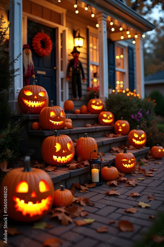 Obraz premium Realistic Halloween Porch Decor with Carved Pumpkins