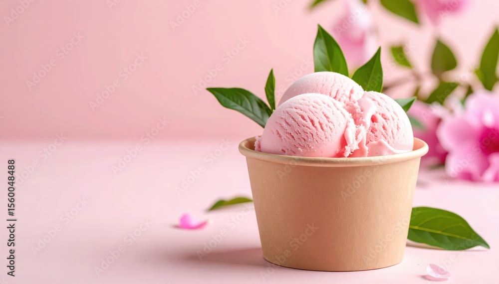 Pink ice cream scoops in a eco-friendly cup, surrounded by fresh leaves and floral background on a pastel pink setting Pink ice cream scoops in a eco-friendly cup, surrounded by fresh leaves and floral background on a pastel pink setting