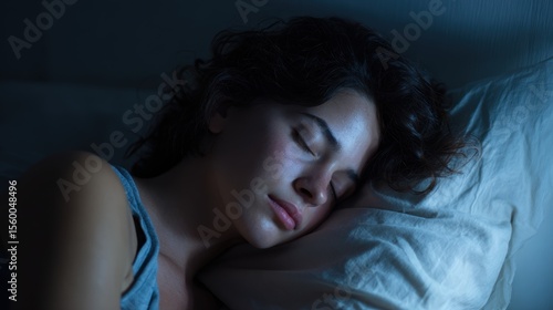 Insomnia risk. A peaceful woman sleeping in a dimly lit room, showcasing serenity and relaxation.
