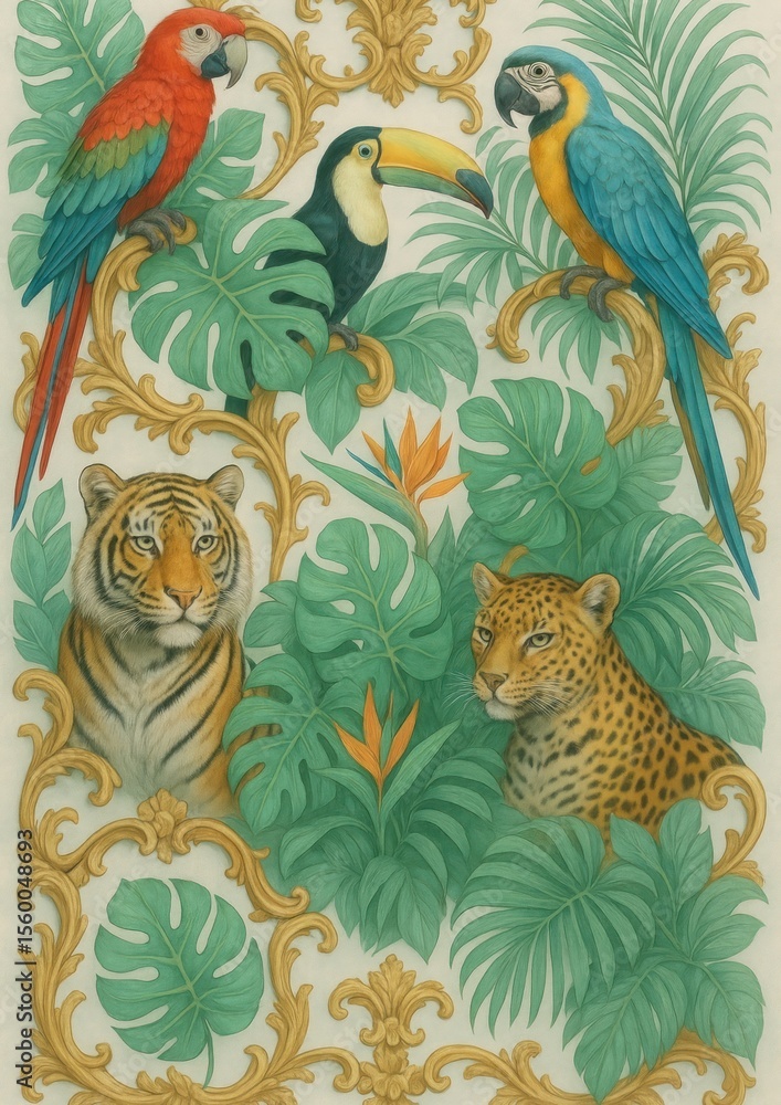 Fototapeta premium Exotic wildlife amidst lush foliage.