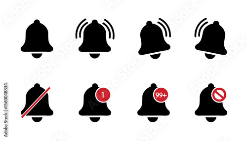 Set of yellow notification bell icons. Alarm symbol. Reminder icon of ringing bells, sign for incoming inbox messages