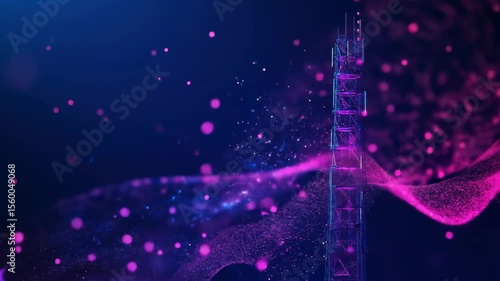 Tower with digital lights and particles on a dark blue gradient backdrop