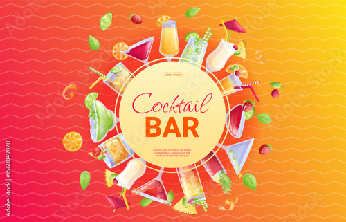 A banner template for a cocktail bar. Mojito cocktail, tequila sunrise, old fashion, Manhattan, pina colada, margarita, mai tai, cosmopolitan. Vector illustration for posters, banners, advertisements