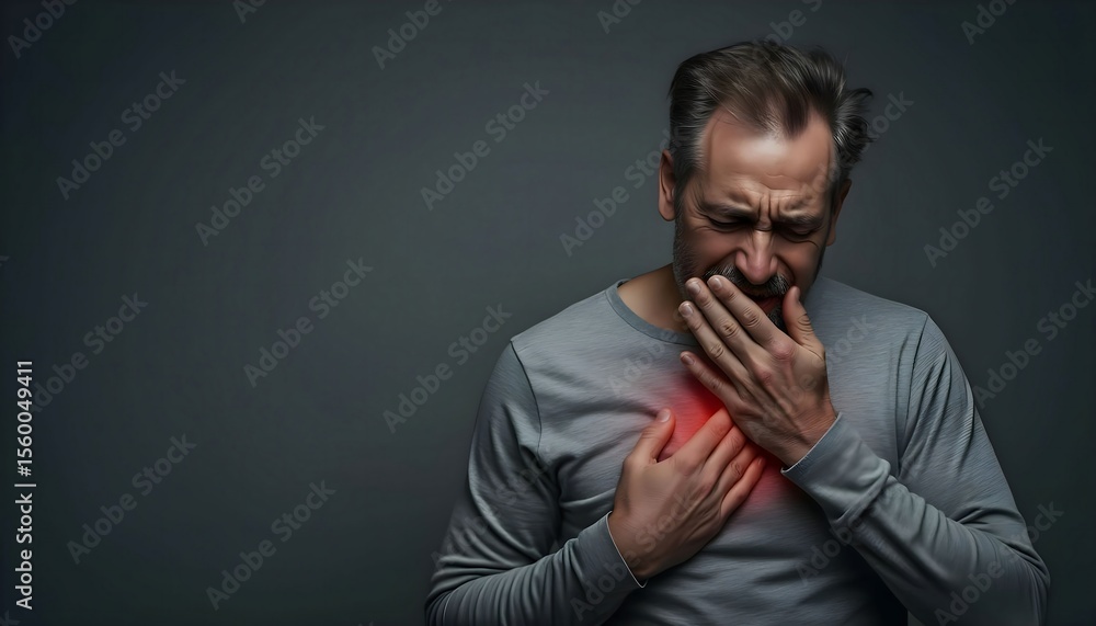 Man experiencing chest pain heart attack heartburn angina symptoms health issues and medical emergency concept Man experiencing chest pain heart attack heartburn angina symptoms health issues and medical emergency concept