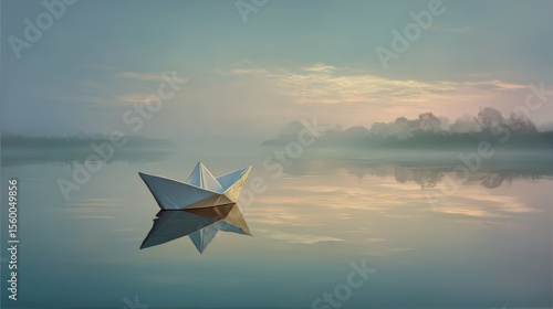 Fototapeta Naklejka Na Ścianę i Meble -  A paper boat floats serenely on a misty lake at sunrise, a peaceful scene.
