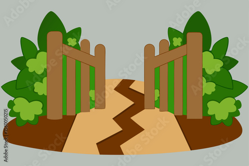 overgrown path vines broken wooden gate